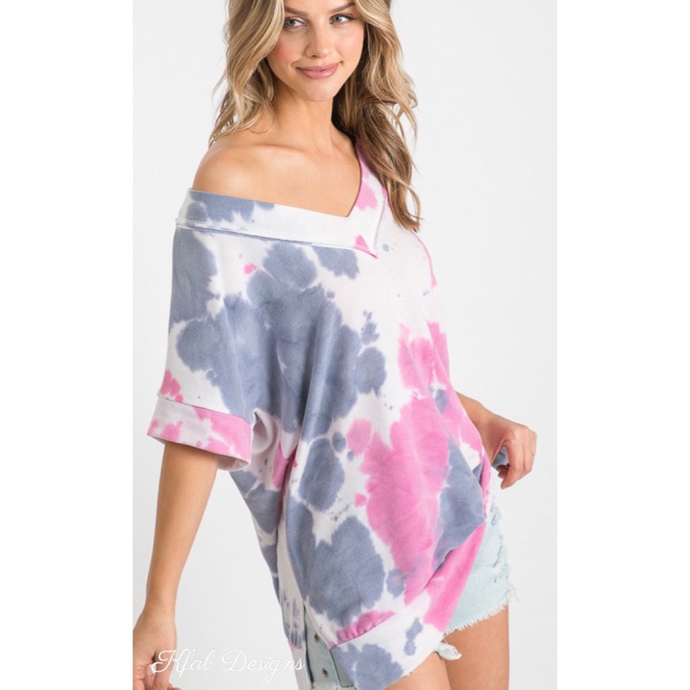 ❤️LAST 1! V Neck Super Soft Banded Hem Side Slit Tie Dye Top! - Picture 4 of 10